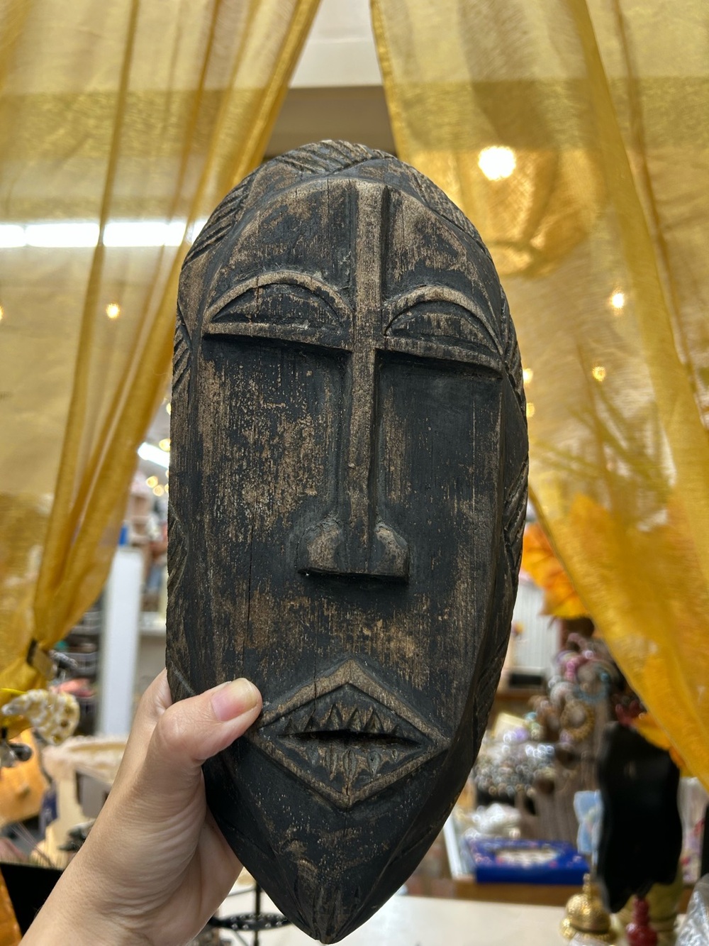 Hand-Carved Black Wooden Tribal Mask Sculpture - Decorative Home Art